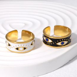 New Trendy Enamel Evil Eye 14K White Gold Rings for Women Girls Golds Color Folk Style Open Ring Wedding Party Jewelry Gifts