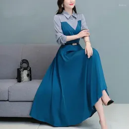 Casual Dresses Commute Contrasting Colours Patchwork Spring Autumn Polo-Neck Button Female Clothing A-Line Fashion Sashes Long Dress