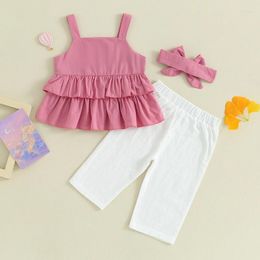 Clothing Sets 3PCS Infant Baby Girls Strap Ruffles Tank Top Solid Colour Straight Pants Headband Outfit