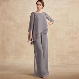 Anne Plus Boyut Gelin Pantolon Takım İki Parça Boncuklu Şifon Kıyafet Setleri 2024 Zarif Basit Düğün Konuk Giyim Akşam Partisi önlükleri