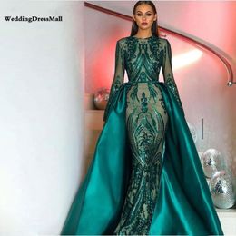 Elegante muslimische grüne Langarm-Abendkleider 2021 mit abnehmbarer Schleppe, Pailletten, marokkanischem Kaftan, formelle Party-Abschlussballkleider299W