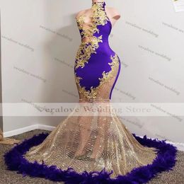 Sparkly Purple Mermaid Evening Dress High Neck Feather Beads Sexy Luxury Prom Gowns African Women Formal Party Gowns3029