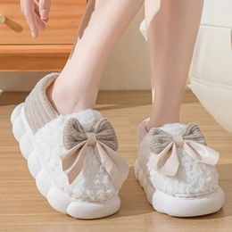 Slippers Women Plush Soft Cotton Cute Bow Non-Slip Floor Indoor Flop Slips Bedroom Warm Winter Thick Sole Shoes