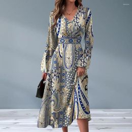 Casual Dresses Slimming Waist Dress Retro Ethnic Style Print Women's Midi With V Neck A-line Silhouette Long Lantern Sleeves High For A