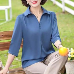 Women's Blouses 2024 Summer Loose Mom Blouse Elegant Solid Chiffon Shirt Women Fashion Casual Large Size 5XL Three Quarter Blue Tops Ladies