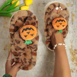 Slippers Halloween Pumpkin Design Fashion Women's Leopard Cross Lacing Plush Women Thick Sole Outdoor Indoor Mule Shoes
