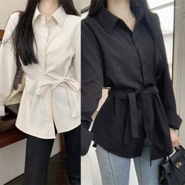 Women's Blouses Solid Color Button Down Long Sleeve Blouse Oversized Shirt With Belt