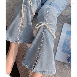 Women's Pants 2024 Korean Chic Heavy Split Beading Flared Summer High Waist Jeans For Women Sweet Simple Washed Bell Bottom