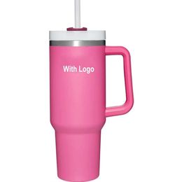 DHL Pink 40oz stainless steel tumbler with Logo handle lid straw big capacity beer mug water bottle powder coating outdoor camping283d