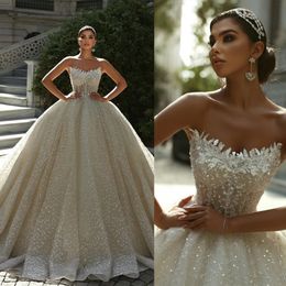 Stunningbride 2024 Champagne Fashion Elegant Strapless Wedding Dresses Ball Gown Sleeveless Sequined Lace Appliques Custom Made Bridal Dress