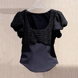 Women's T Shirts Summer Pleated Spliced T-shirt Ladies O Neck Arc Hem Slim Elegant Tops Women Trendy Black Short Bubble Sleeve Tees Female