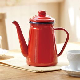 1 1L High-Grade Enamel Coffee Pot Pour over Milk Water Jug Pitcher Barista Teapot Kettle for Gas Stove and Induction Cooker Red286G