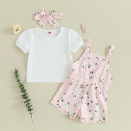 Clothing Sets Toddler Baby Girls Lovely Ribbed Suit Summer Short Sleeve T-Shirt Floral Overalls Shorts Headband Set Infant Outerwear