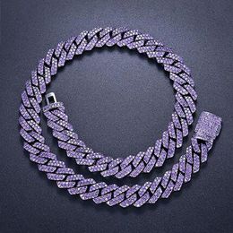 15mm Iced Cuban Link Prong Chain 2 Row Purple CZ Diamond Cubic Zirconia Hiphop Jewellery 16inch-24inch Choker Necklace258a