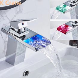Bathroom Sink Faucets LED Light Faucet Waterfall Electric Tap And Cold Water Mixer Grifo Basin Black Brass Chrome Torniera