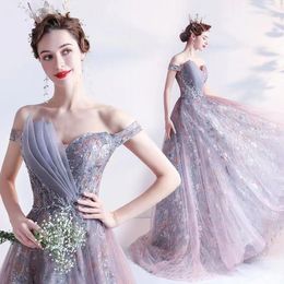 Elegante lila Tulle Mutter von Brautkleidern mit 3D -Blumenapplikationen vor dem Shouder Long Wedding Gäste Kleid MADE MADE MADE MAD