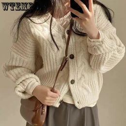 WTEMPO Winter Autumn Women's Drop Shoulder Short Knit Cardigan Loose Sweater VNeck Long Puff Sleeve Chic Knitted Outerwear 240126