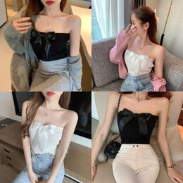 Women's Tanks Sensually Innocent Look Bow Strapless Vest Vintage Black White All-match Tie French Style Knitted Sling Women Girls