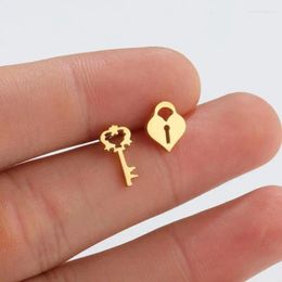 Stud Earrings WANGAIYAO Fashion Temperament Female Simple Asymmetric Couple Key Lock Mini Birthday