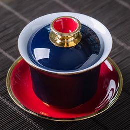 Wedding Red Gaiwan Gold Line Ceramic Tea Tureen Porcelain Big Tea Bowl Drinkware For Home Decor318P