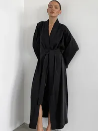 Women's Sleepwear Restve Black Robes For Women Loose Long Sleeve Sashes Casual Bathrobe Female Elegant Cotton Nightwear Spring 2024