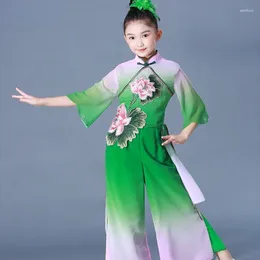 Stage Wear Children Lotus Dance Costume Girls Yangko Traditional Clothing Show Fan National Waist Drum Suit