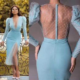 Deep V Neck Tea Length Prom Dresses Side Slit Sheer Dot Tulle Back Buttons Sexy Cocktail Party Gowns Long Sleeves Special Occasion Evening Dress For Women