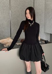 Casual Dresses SuperAen 2024 Black Half High Neck Long Sleeved Dress For Women Autumn And Winter Flower Bud Short