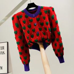 Women's Knits Embroidery Sweater Autumn Winter Heavy Industry Nail Bead Love Jacquard Color Block Bubble Sleeve For Cardigan