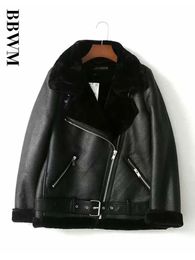 Fur Locomotive Retro with Belt Riding Winter Women's Jacket Long-sleeved Lapel Padded Warm Black Zip Chic Female Coat Tops 240124