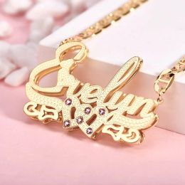 Necklaces Personalised Double Layer Two Heart With Birthstone Zircon 18K Gold Plated Double Custom 3D Name Pendant Necklace For Women