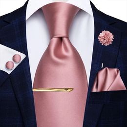 Rose Gold Solid Silk Wedding Tie For Men Handky Cufflink Flower Clip Gift Mens Necktie Fashion Business Party Dropshiping Hi-Tie 240119