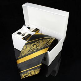 KAMBERFT Luxury Ties for Men Paisley Silk Jacquard Woven Tie Handkerchief Cufflinks clips Gift Box Set Wedding Party Neck tie 240119