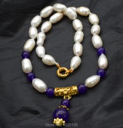 Necklaces wow! freshwater pearl white rice 1214mm and purple jade pendant necklace 18" FPPJ wholesale for woman gift