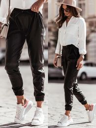 Women's Pants Black Pu Leather Women High Waist Harem With Pockets Trousers Trend Jogger Streetwear Korean Style Y2k