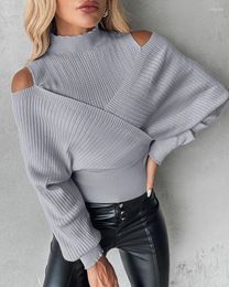 Women's T Shirts 2024 Spring Autumn Cold Shoulder Overlap Hollow Out Knit Sweater High Neck Pullover T-Shirts Solid Colour Tops Female Ropa