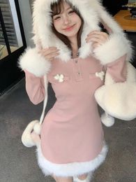 Casual Dresses 2024 Winter Faux Fur Warm Women Y2k Clothing Short Dress Korean Fashion Kawaii Sweet Pink Long Sleeve