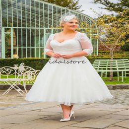 Country Plus Size Wedding Dresses With Sleeves Elegant A Line Tea Length Boho Lace Bridal Dress Organza 2024 Summber Beach Bride Vestio Novias Robes Courtes Celtic