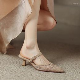 Slippers One Line Belt Gauze Women Shoes Summer Lace Low Heel Sandals Leisure Soft Soled Heels Thin Pointed Muller