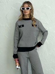 Houndstooth Plaid Knit Sweater Pant Matching Sets 2 Piece Winter Sets Women Loungewear Tracksuit Knitted Two Piece Women Sets 240122