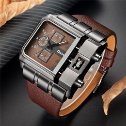 Oulm Brand Original Unique Design Square Men Wristwatch Wide Big Dial Casual Leather Strap Quartz Watch Male Sport Watches Y1905142865