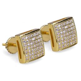 14K Gold Plated Hip Hop Micro Paved CZ Square Curved Back Screw Back Stud Earring for Men Women2824