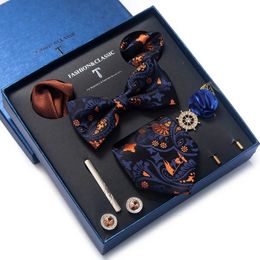 Holiday Gift Box Tie For Men Pocket Squares Cufflink Set Necktie Man Floral Grey Wedding Accessories lovers day 240122