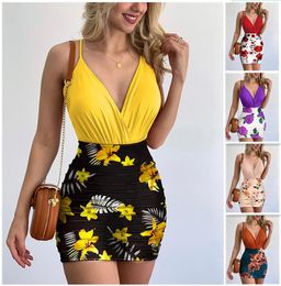 Fashionable Printed Dress Suit European and American Style Women's Vest Jumpsuit and Floral Print Mini Skirt Available in Sizes S-XXL Popular Patchwork Elements