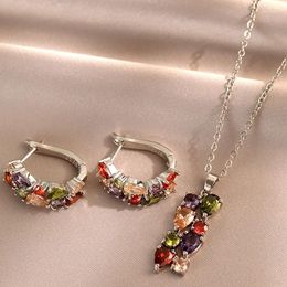 Necklace Earrings Set Silver Colour Zircon Round Party Accesories Drop Fashion Personality Trend Hoops For Women Gift Bijoux