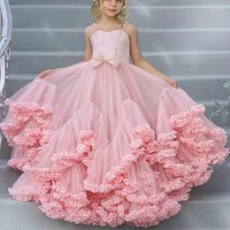 Girl Dresses Pink Angel Flower Dress Wedding Layered Ground Height Bow Skirt Toddler Beauty Pageant Tulle Beaded First Communion