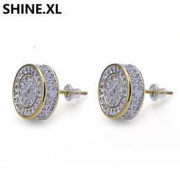 925 Sterling Silver Iced out CZ Premium Diamond Cluster Zirconia Round Screw Back Stud Earrings for Men Hip Hop Jewelry299Q