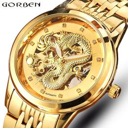 Skeleton Gold Mechanical Watch Men Automatic 3d Carved Dragon Steel Mechanical Wrist Watch China Luxury Top Brand Self Wind 2018 Y306A