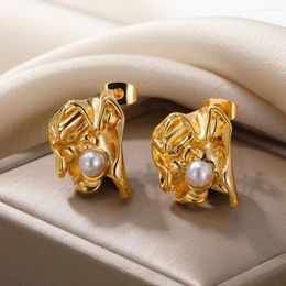 Stud Earrings Copper Jewelry Gold Color Pearl For Women Girl Irregular Frosted Surface Bohemain Party Gifts