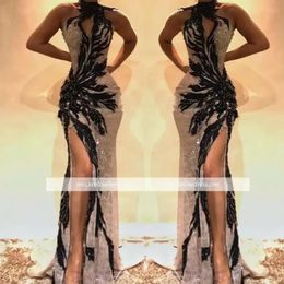 2022 Black Appliques Long Mermaid Evening Dresses High Side Split Sweep Train Prom Party Wear Abendkleider Special Occasion Dress 326r